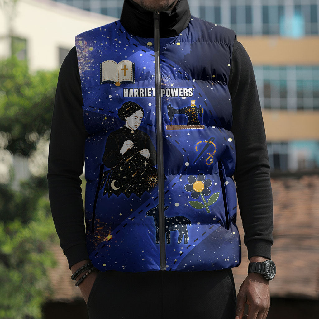 Harriet Powers Sleeveless Puffer Jacket African American History - Galaxy Celestial Starry Night - Folk Art Quilter