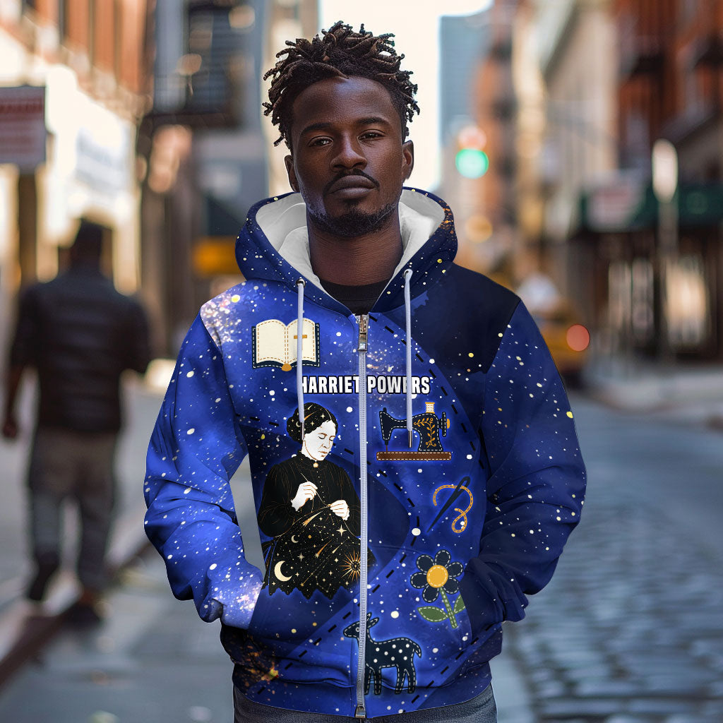 Harriet Powers Zip Hoodie African American History - Galaxy Celestial Starry Night - Folk Art Quilter