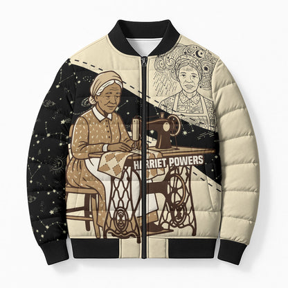Harriet Powers Celestial Mystery Bomber Puffer Jacket Vintage Line Art - African American Folk Quilt Pattern