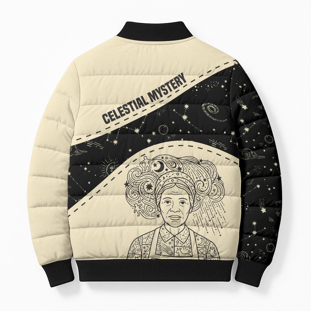 Harriet Powers Celestial Mystery Bomber Puffer Jacket Vintage Line Art - African American Folk Quilt Pattern
