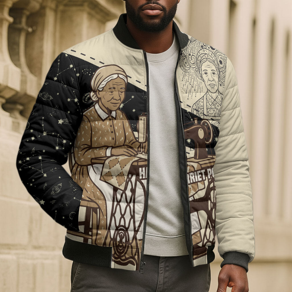 Harriet Powers Celestial Mystery Bomber Puffer Jacket Vintage Line Art - African American Folk Quilt Pattern