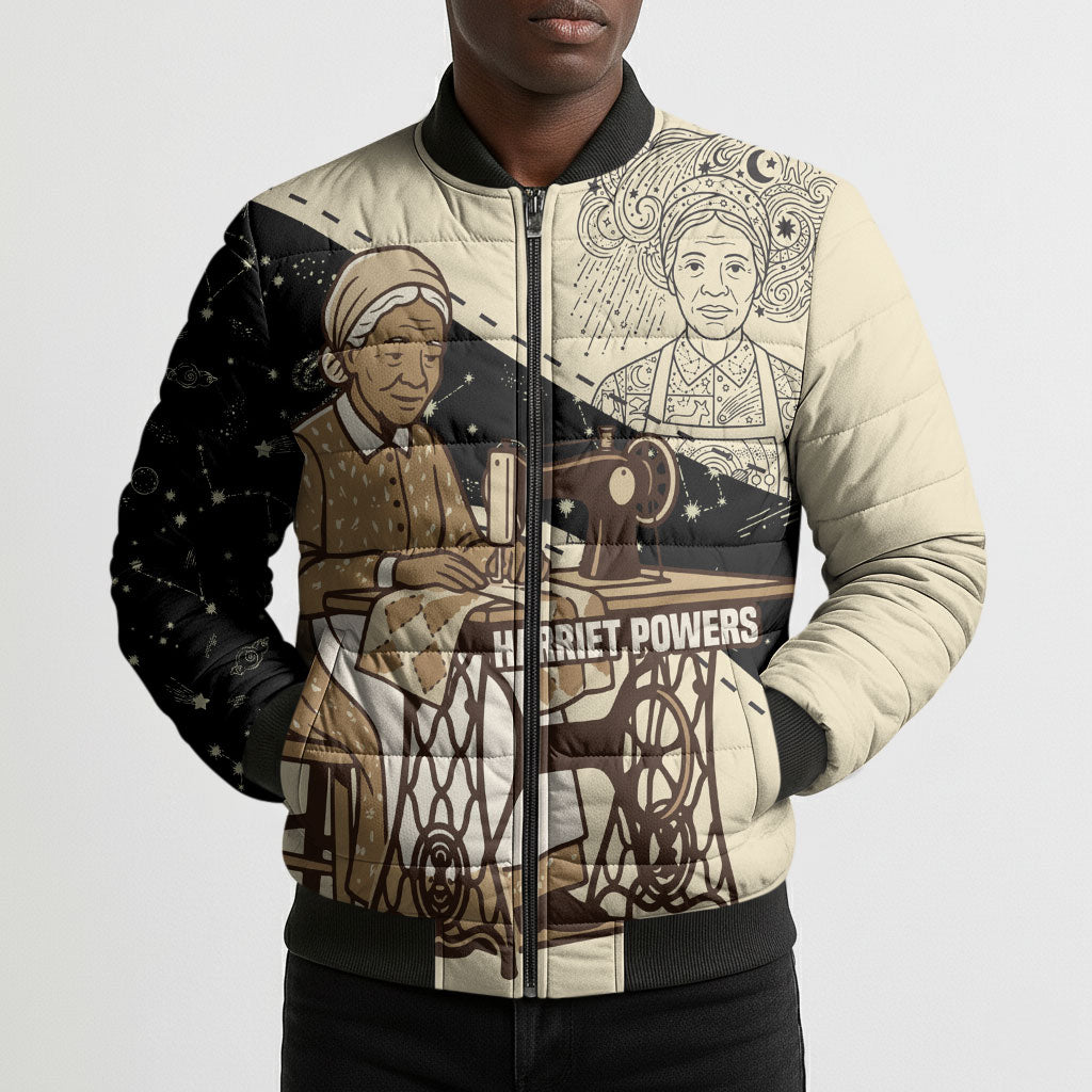 Harriet Powers Celestial Mystery Bomber Puffer Jacket Vintage Line Art - African American Folk Quilt Pattern