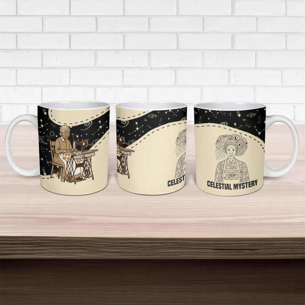 Harriet Powers Celestial Mystery Ceramic Mug Vintage Line Art - African American Folk Quilt Pattern