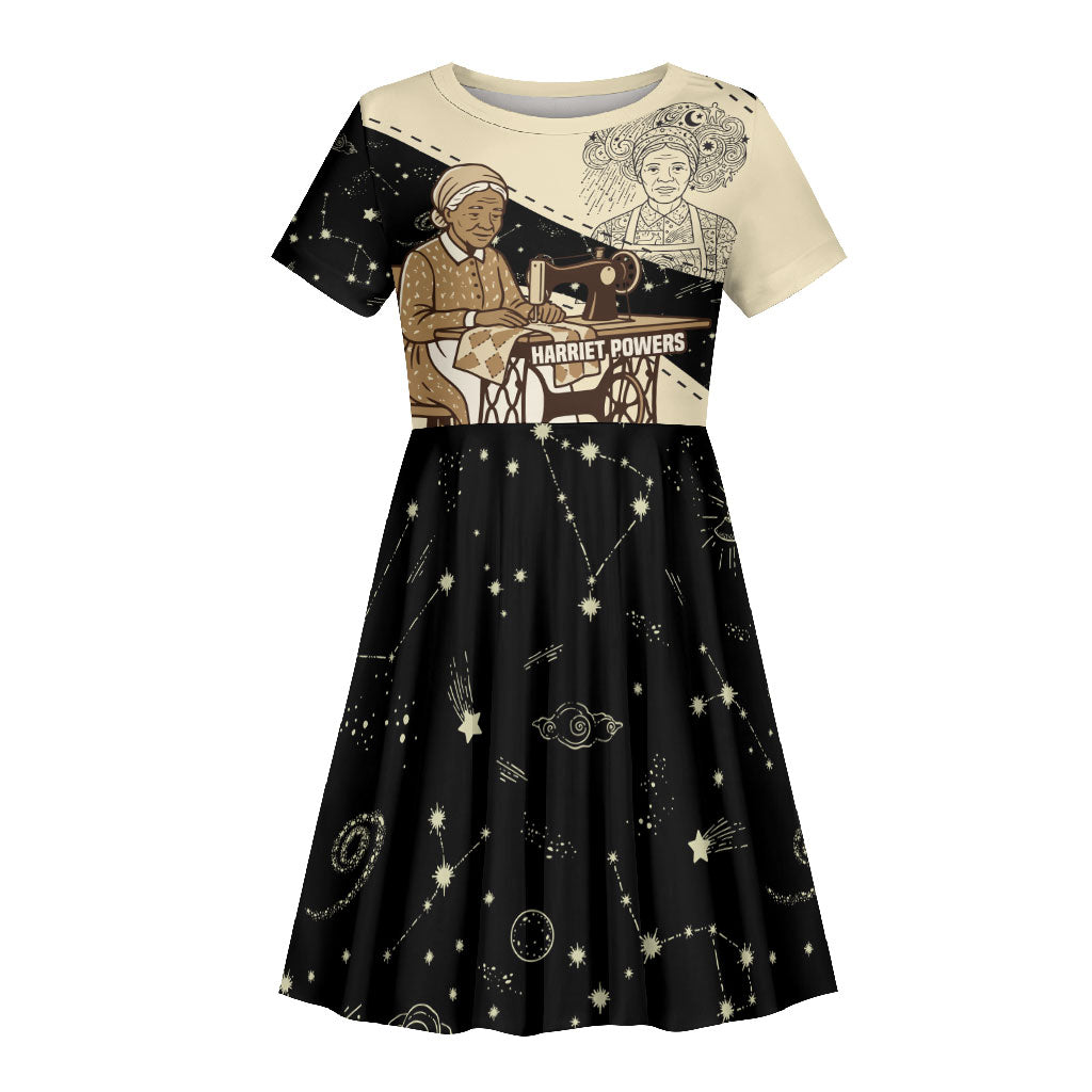 Harriet Powers Celestial Mystery Kid Short Sleeve Dress Vintage Line Art - African American Folk Quilt Pattern