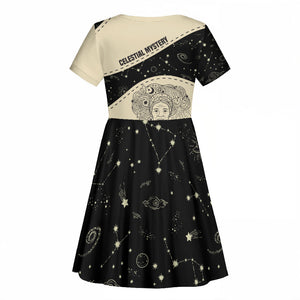 Harriet Powers Celestial Mystery Kid Short Sleeve Dress Vintage Line Art - African American Folk Quilt Pattern