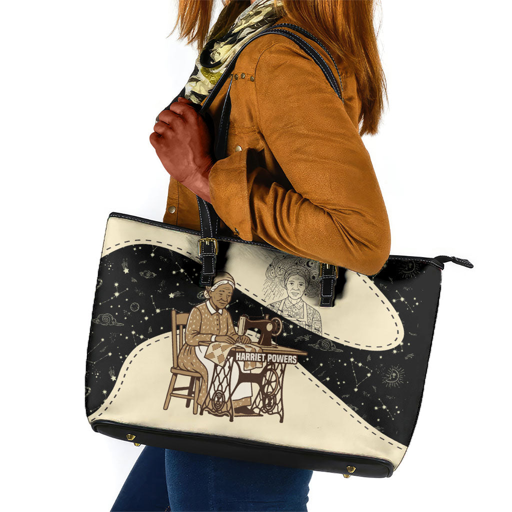 Harriet Powers Celestial Mystery Leather Tote Bag Vintage Line Art - African American Folk Quilt Pattern