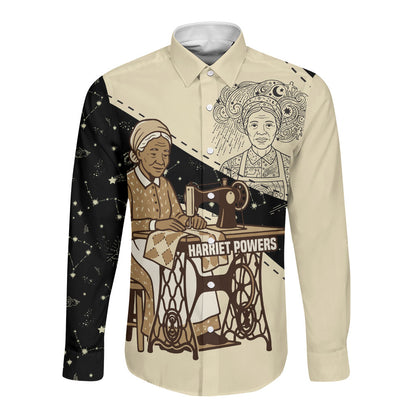 Harriet Powers Celestial Mystery Long Sleeve Button Shirt Vintage Line Art - African American Folk Quilt Pattern