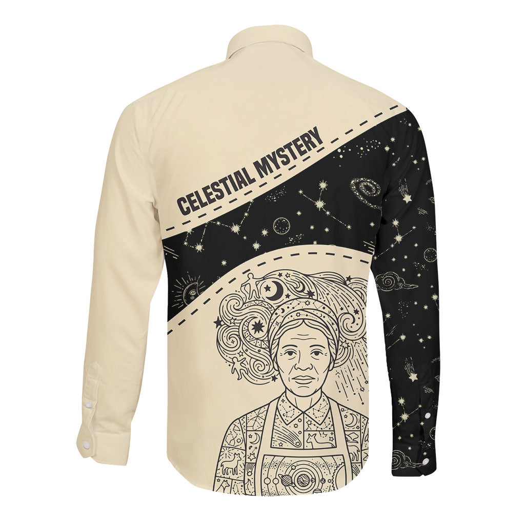 Harriet Powers Celestial Mystery Long Sleeve Button Shirt Vintage Line Art - African American Folk Quilt Pattern