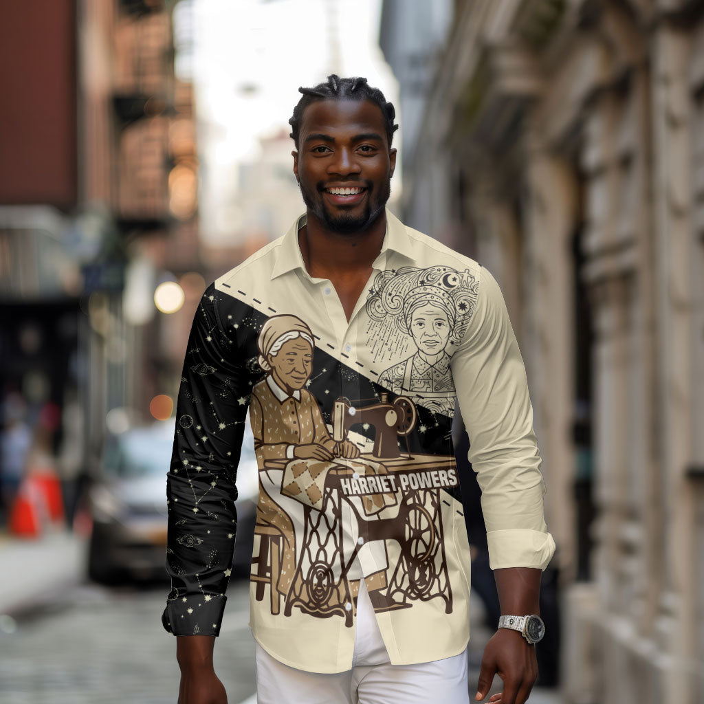 Harriet Powers Celestial Mystery Long Sleeve Button Shirt Vintage Line Art - African American Folk Quilt Pattern