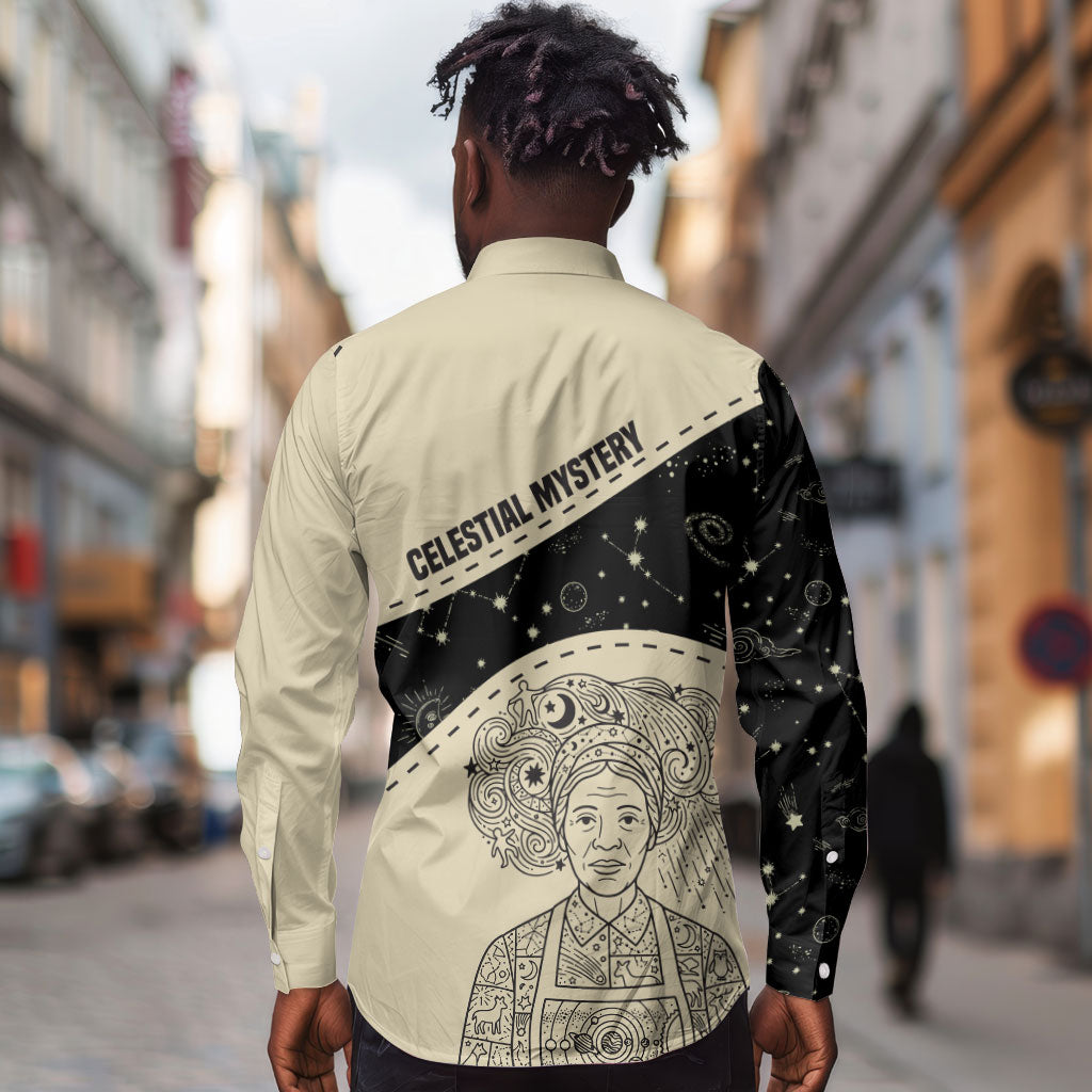 Harriet Powers Celestial Mystery Long Sleeve Button Shirt Vintage Line Art - African American Folk Quilt Pattern