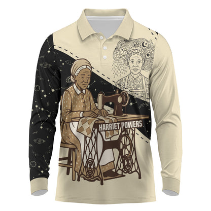 Harriet Powers Celestial Mystery Long Sleeve Polo Shirt Vintage Line Art - African American Folk Quilt Pattern