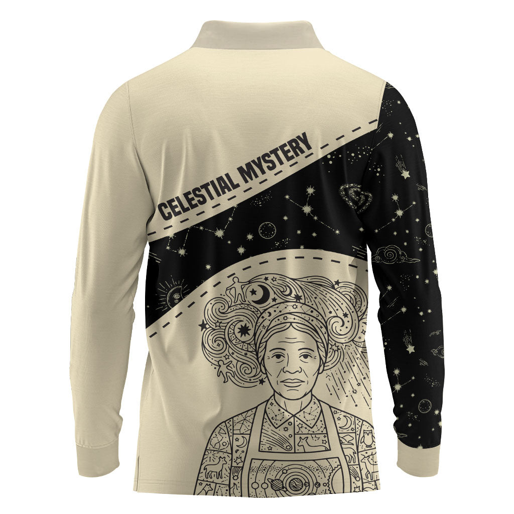 Harriet Powers Celestial Mystery Long Sleeve Polo Shirt Vintage Line Art - African American Folk Quilt Pattern