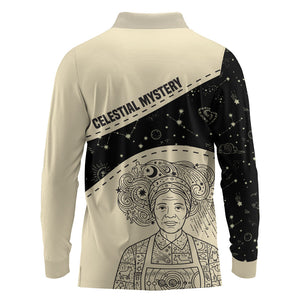 Harriet Powers Celestial Mystery Long Sleeve Polo Shirt Vintage Line Art - African American Folk Quilt Pattern