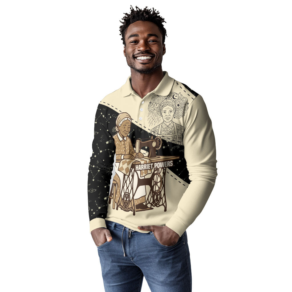 Harriet Powers Celestial Mystery Long Sleeve Polo Shirt Vintage Line Art - African American Folk Quilt Pattern