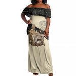 Harriet Powers Celestial Mystery Off Shoulder Maxi Dress Vintage Line Art - African American Folk Quilt Pattern