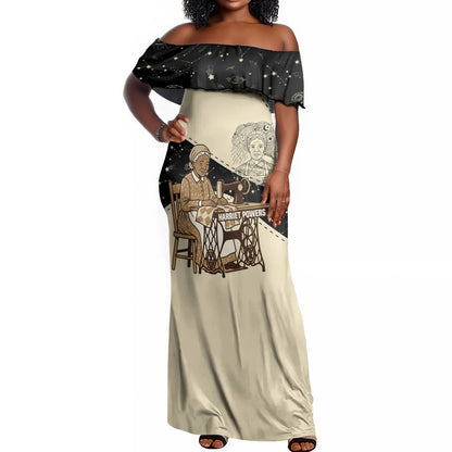 Harriet Powers Celestial Mystery Off Shoulder Maxi Dress Vintage Line Art - African American Folk Quilt Pattern