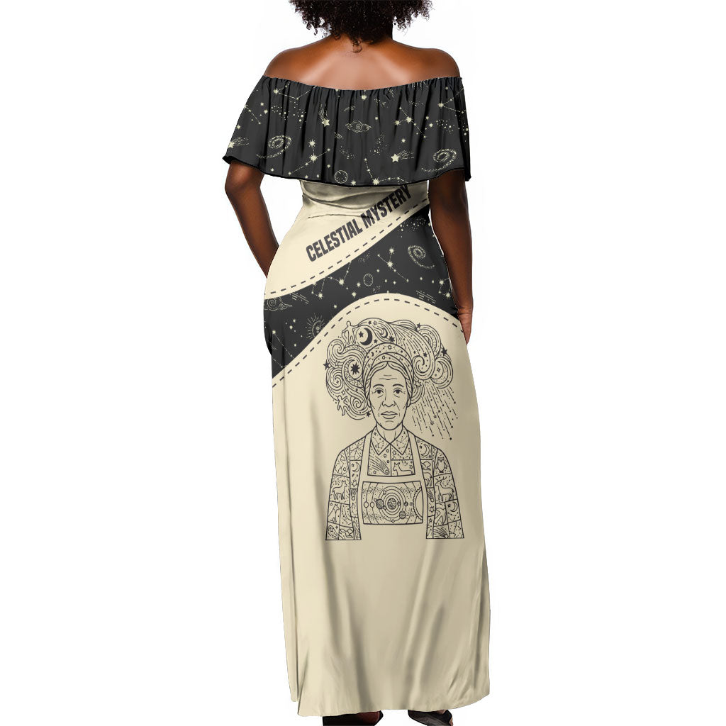 Harriet Powers Celestial Mystery Off Shoulder Maxi Dress Vintage Line Art - African American Folk Quilt Pattern