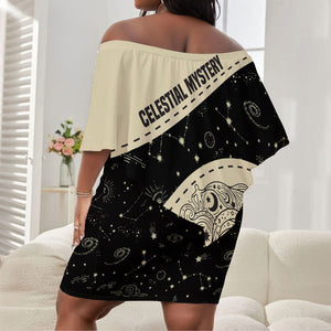 Harriet Powers Celestial Mystery Off Shoulder Short Dress Vintage Line Art - African American Folk Quilt Pattern