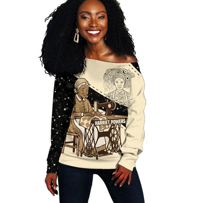 Harriet Powers Celestial Mystery Off Shoulder Sweater Vintage Line Art - African American Folk Quilt Pattern