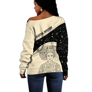 Harriet Powers Celestial Mystery Off Shoulder Sweater Vintage Line Art - African American Folk Quilt Pattern