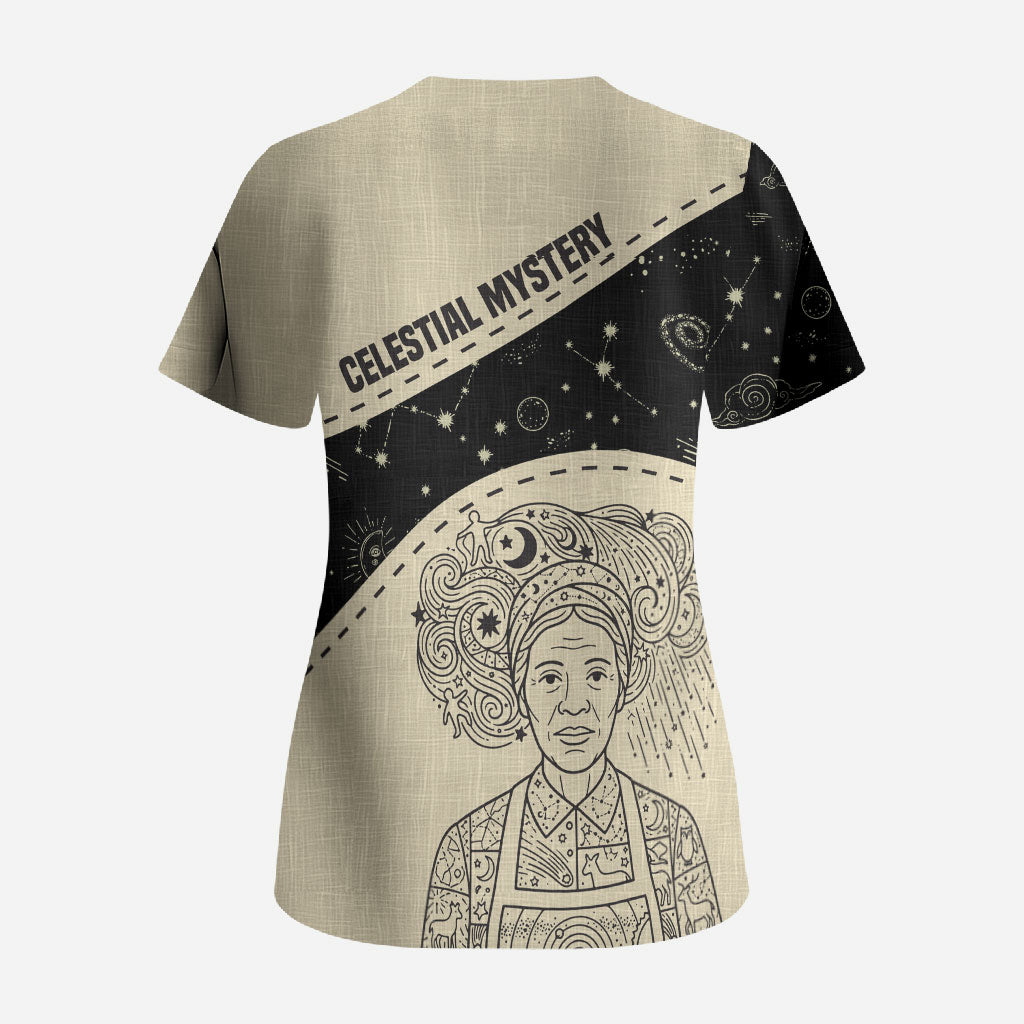 Harriet Powers Celestial Mystery Scrub Top Vintage Line Art - African American Folk Quilt Pattern