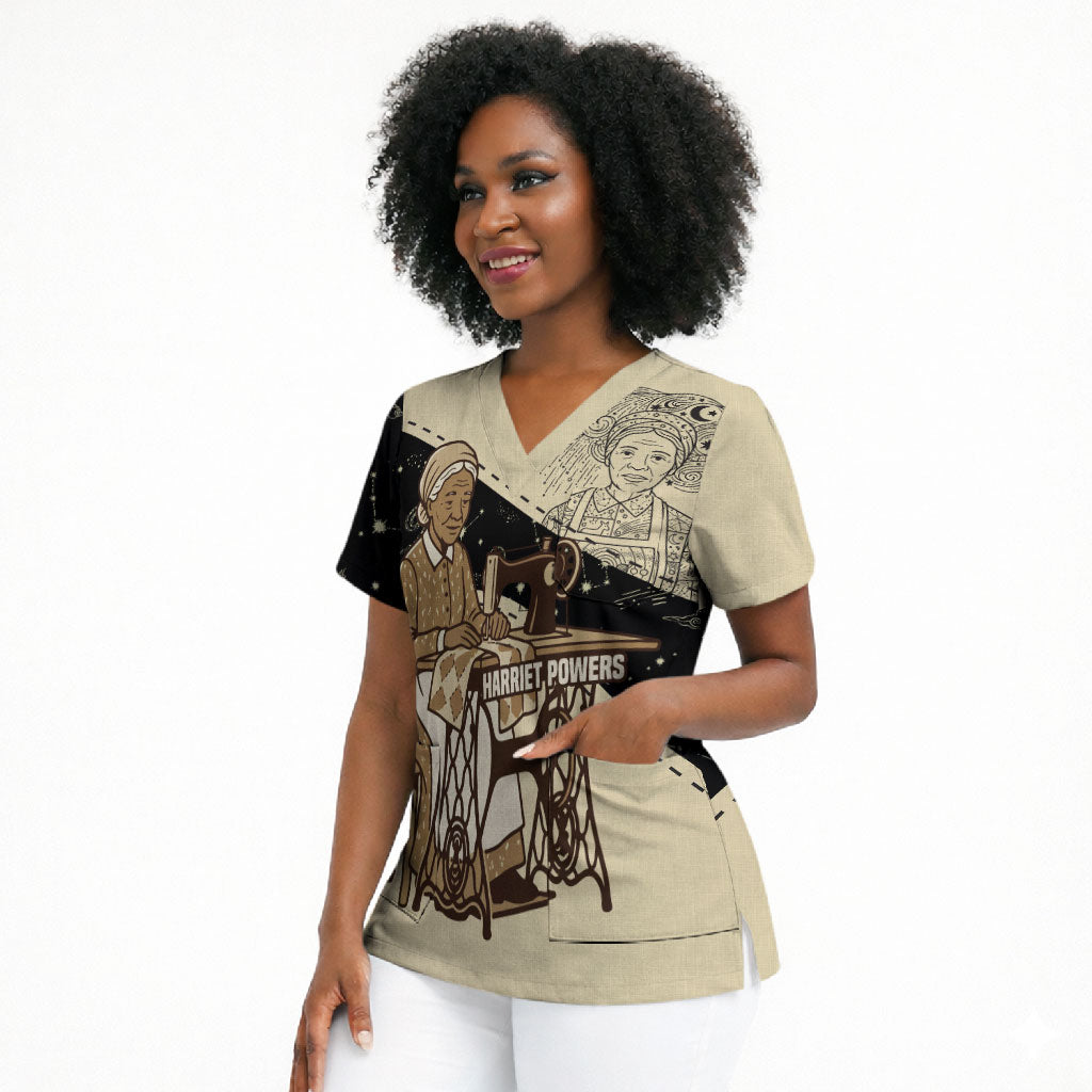 Harriet Powers Celestial Mystery Scrub Top Vintage Line Art - African American Folk Quilt Pattern