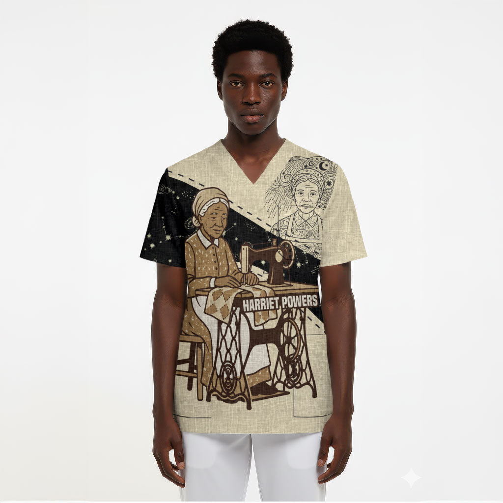Harriet Powers Celestial Mystery Scrub Top Vintage Line Art - African American Folk Quilt Pattern
