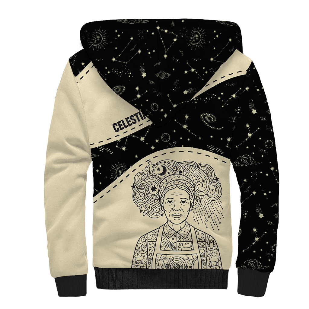 Harriet Powers Celestial Mystery Sherpa Hoodie Vintage Line Art - African American Folk Quilt Pattern