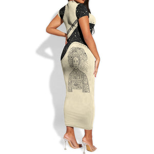 Harriet Powers Celestial Mystery Short Sleeve Bodycon Dress Vintage Line Art - African American Folk Quilt Pattern