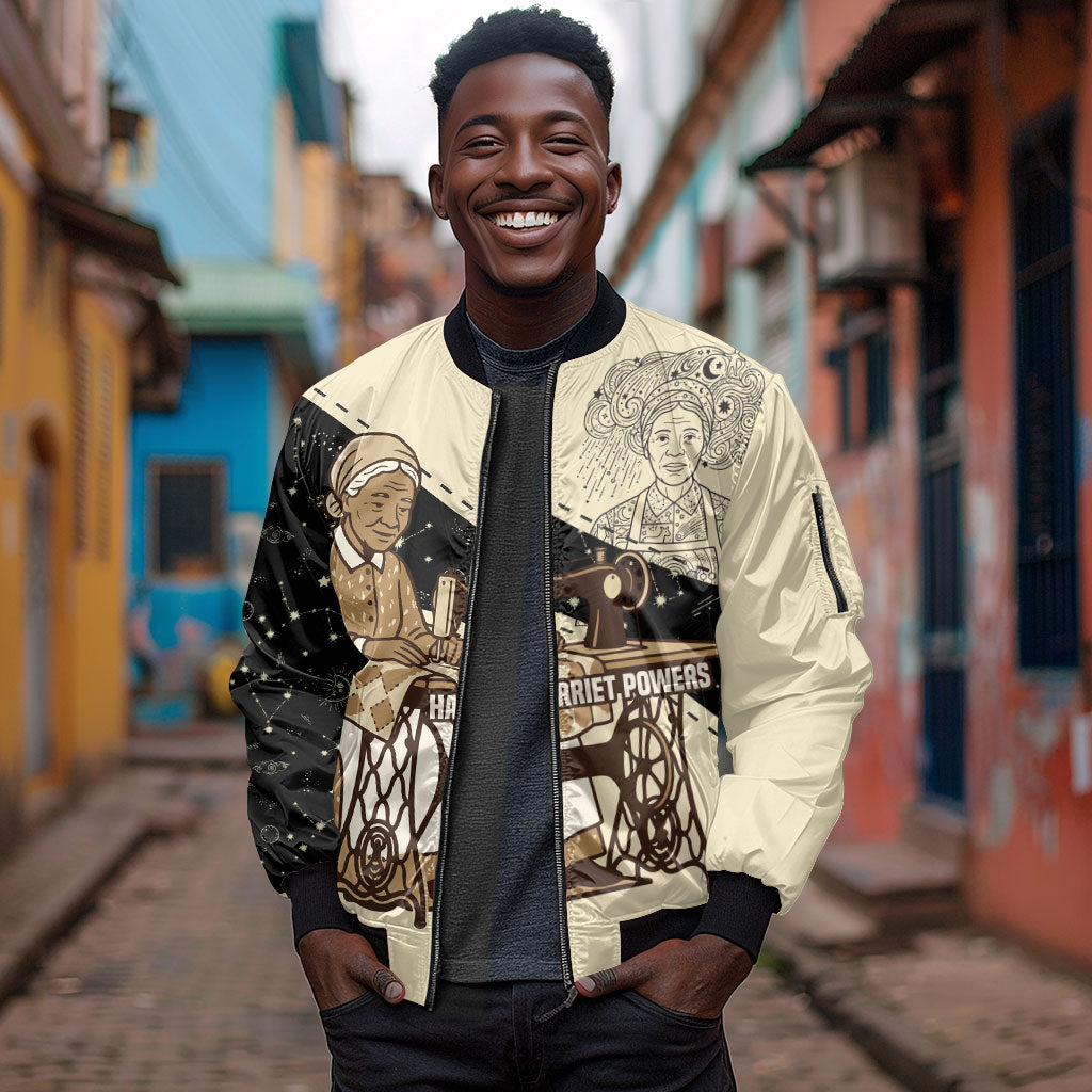 Harriet Powers Celestial Mystery Sleeve Zip Bomber Jacket Vintage Line Art - African American Folk Quilt Pattern