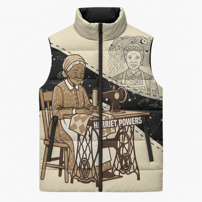 Harriet Powers Celestial Mystery Sleeveless Puffer Jacket Vintage Line Art - African American Folk Quilt Pattern