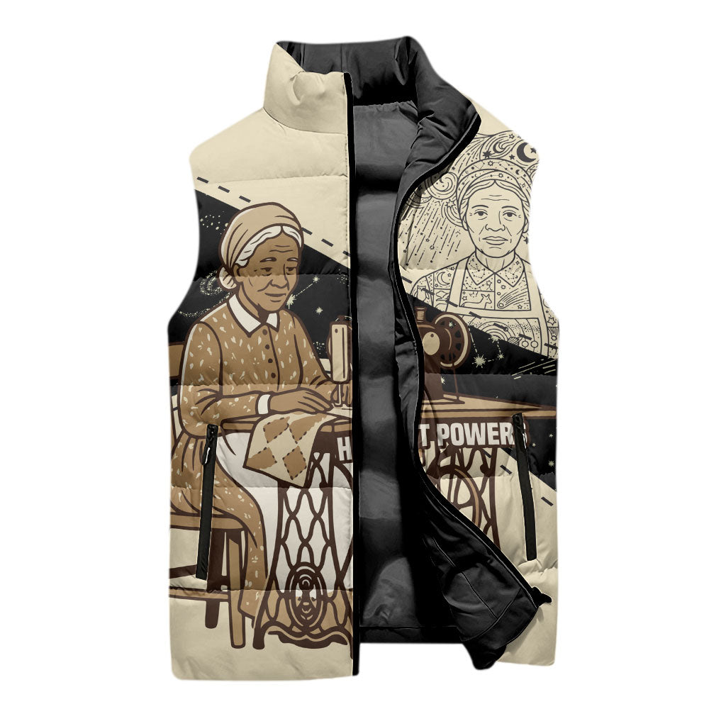 Harriet Powers Celestial Mystery Sleeveless Puffer Jacket Vintage Line Art - African American Folk Quilt Pattern