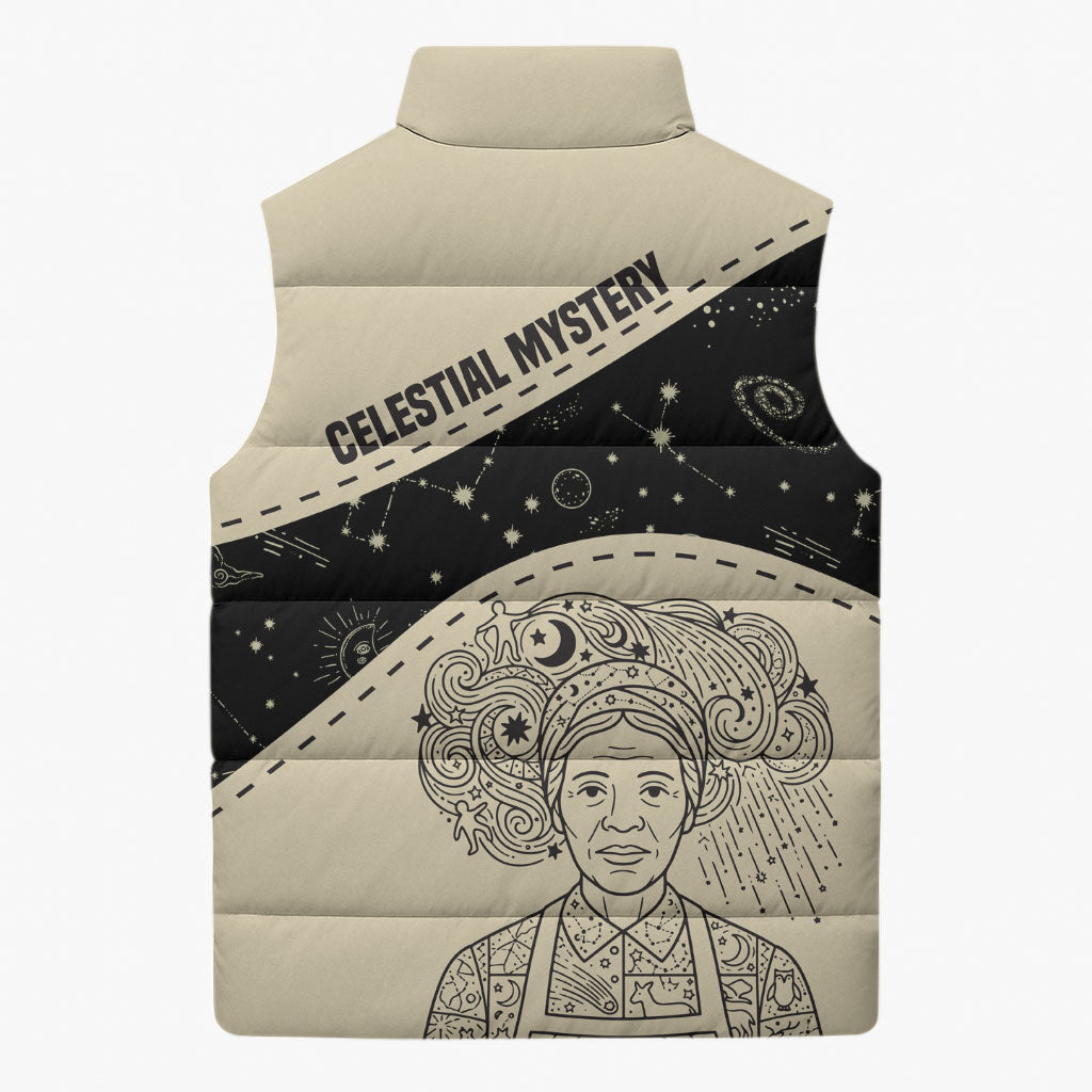 Harriet Powers Celestial Mystery Sleeveless Puffer Jacket Vintage Line Art - African American Folk Quilt Pattern
