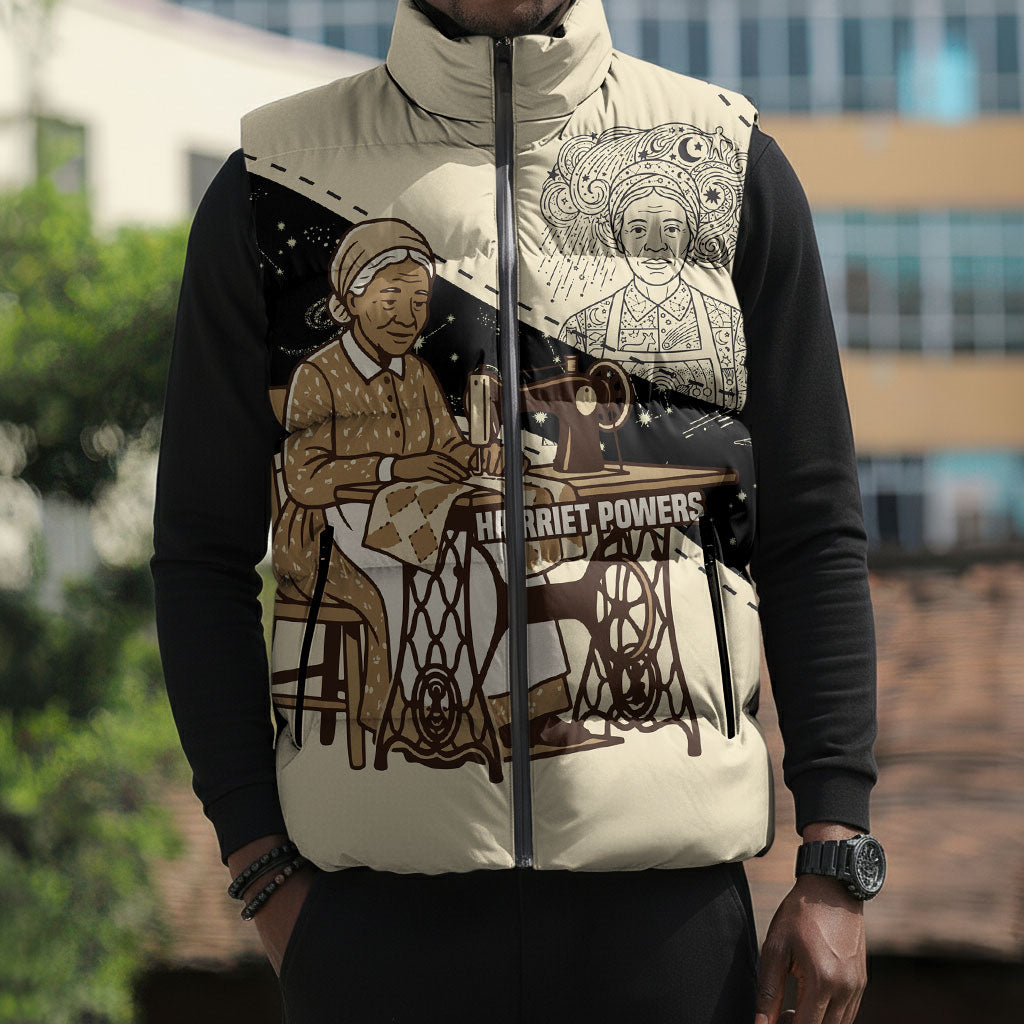 Harriet Powers Celestial Mystery Sleeveless Puffer Jacket Vintage Line Art - African American Folk Quilt Pattern