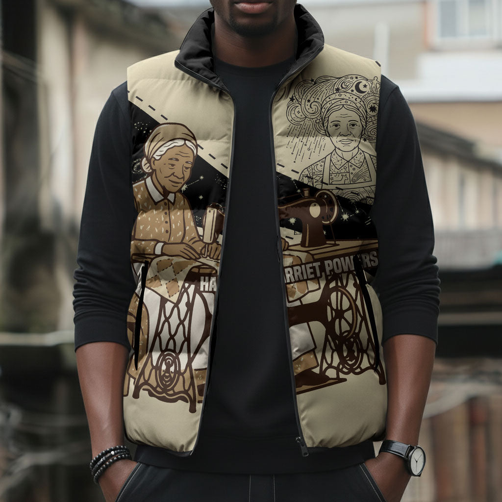 Harriet Powers Celestial Mystery Sleeveless Puffer Jacket Vintage Line Art - African American Folk Quilt Pattern