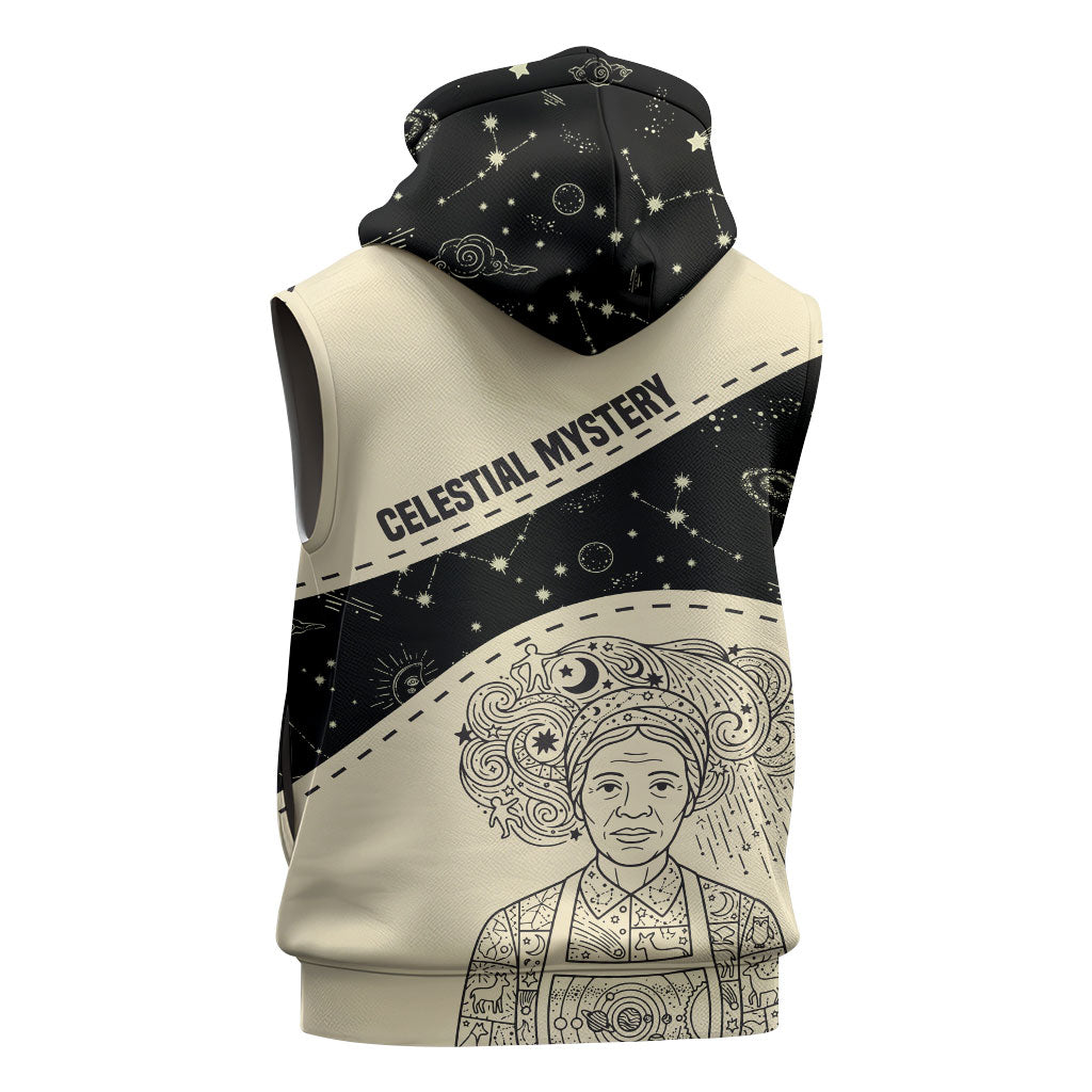 Harriet Powers Celestial Mystery Sleeveless Zip Hoodie Vintage Line Art - African American Folk Quilt Pattern