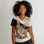 Harriet Powers Celestial Mystery Women V-Neck T-Shirt Vintage Line Art - African American Folk Quilt Pattern