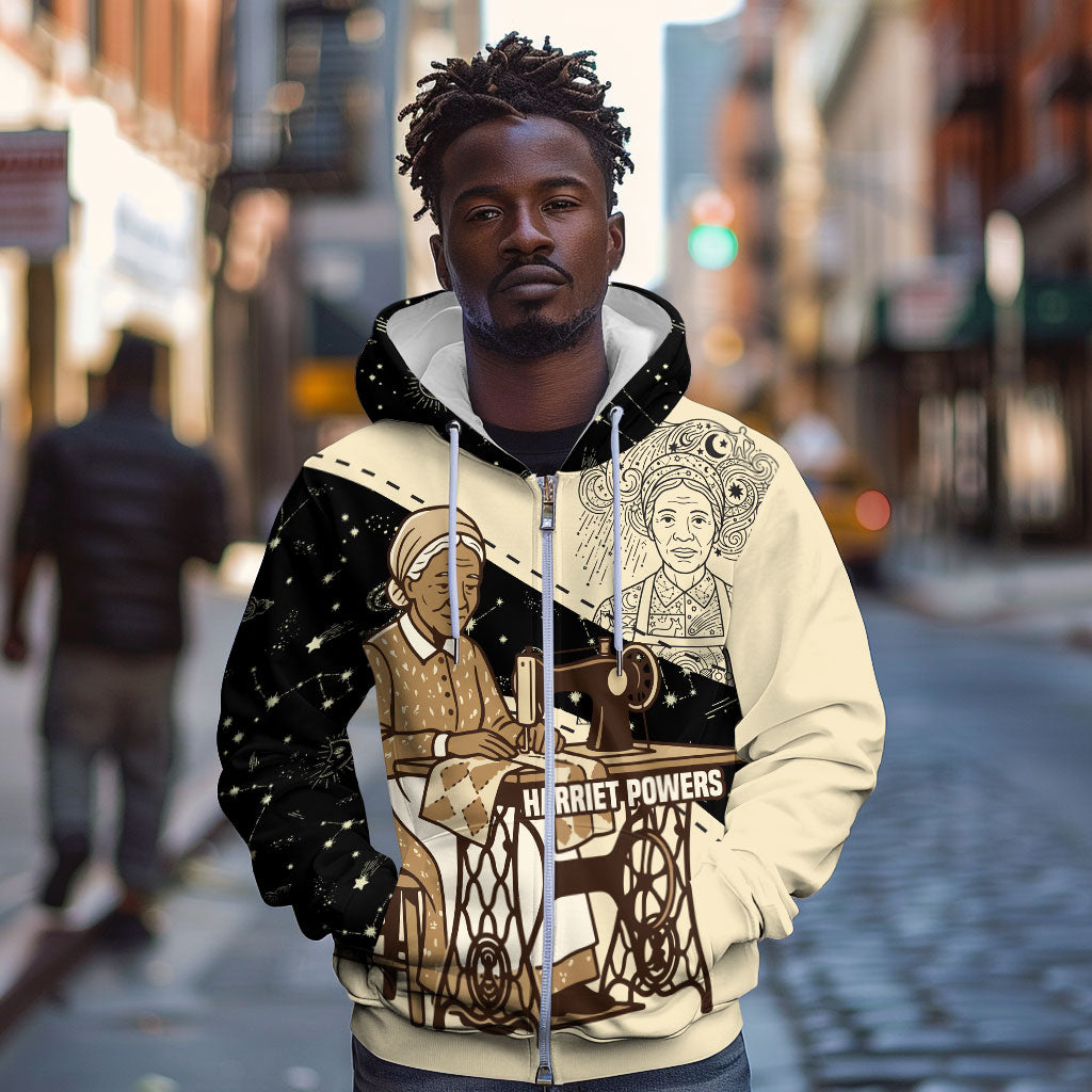 Harriet Powers Celestial Mystery Zip Hoodie Vintage Line Art - African American Folk Quilt Pattern