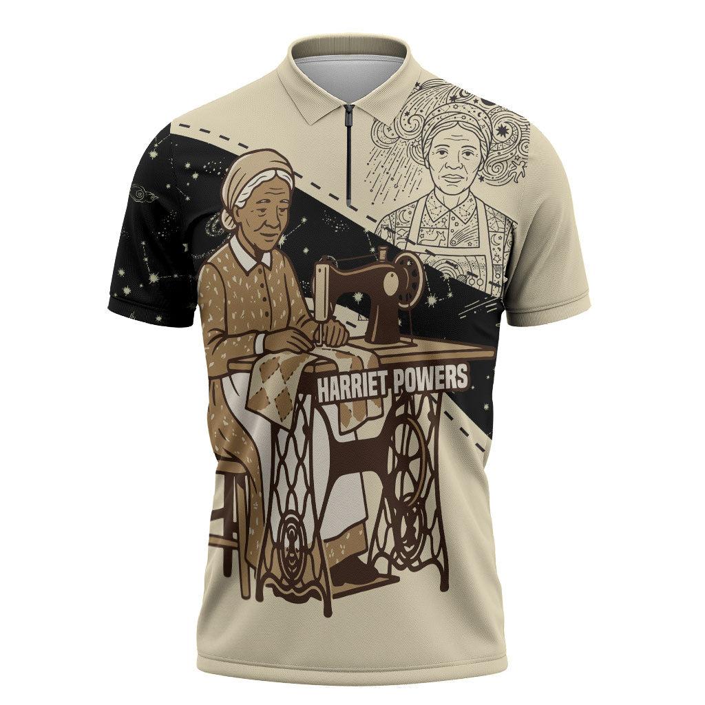 Harriet Powers Celestial Mystery Zipper Polo Shirt Vintage Line Art - African American Folk Quilt Pattern