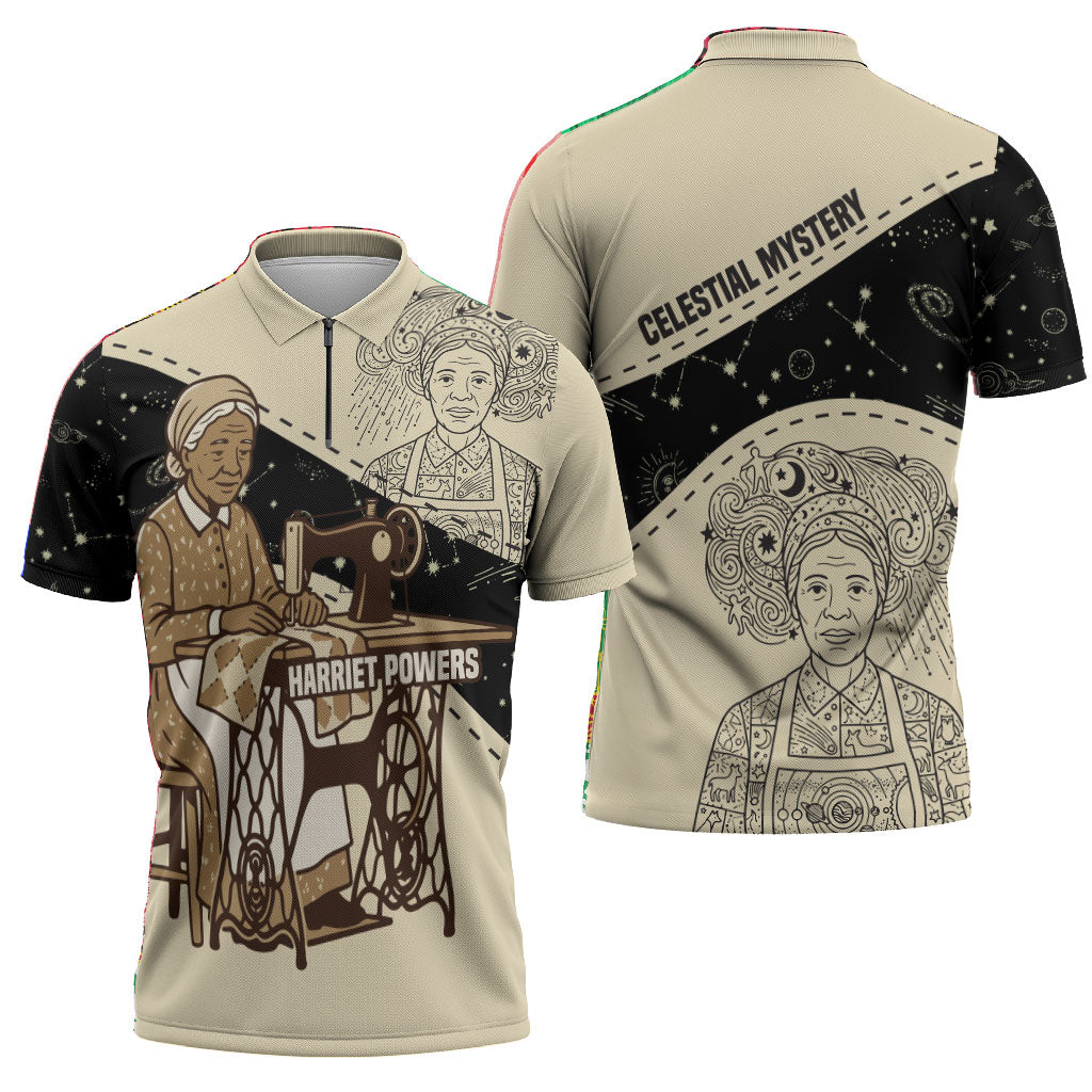 Harriet Powers Celestial Mystery Zipper Polo Shirt Vintage Line Art - African American Folk Quilt Pattern