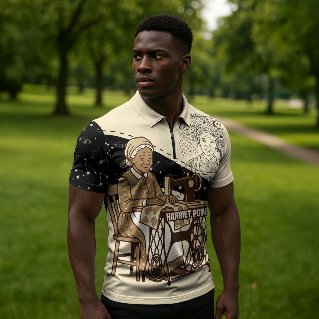 Harriet Powers Celestial Mystery Zipper Polo Shirt Vintage Line Art - African American Folk Quilt Pattern