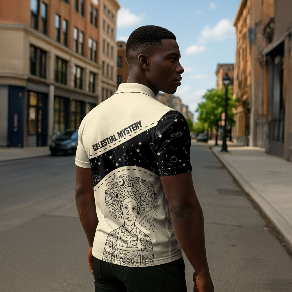 Harriet Powers Celestial Mystery Zipper Polo Shirt Vintage Line Art - African American Folk Quilt Pattern