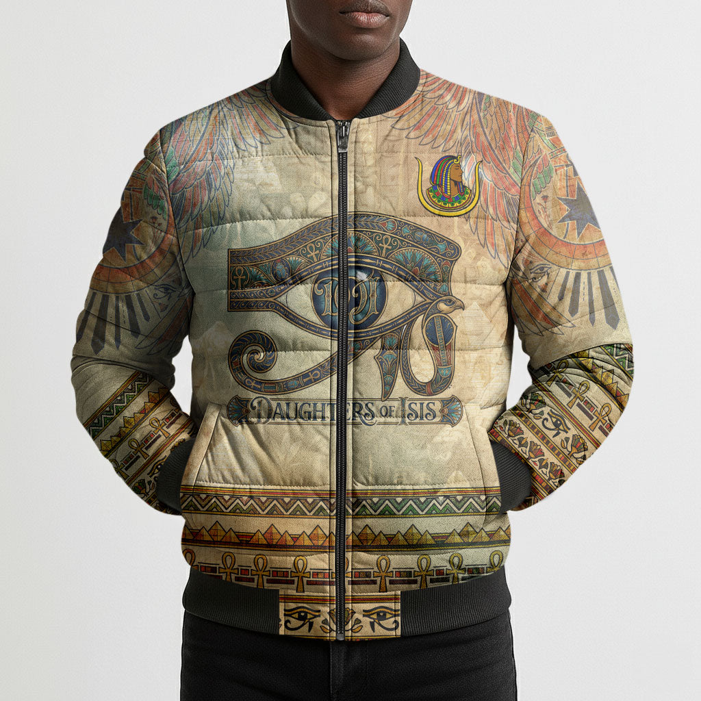 Daughters Of Isis Bomber Puffer Jacket Eye Of Horus Ancient Egyptian Goddess - Vintage Parchment Art