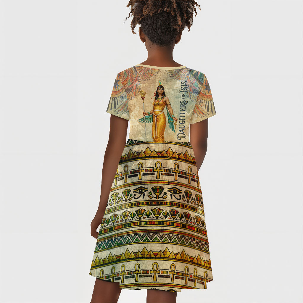 Daughters Of Isis Kid Short Sleeve Dress Eye Of Horus Ancient Egyptian Goddess - Vintage Parchment Art