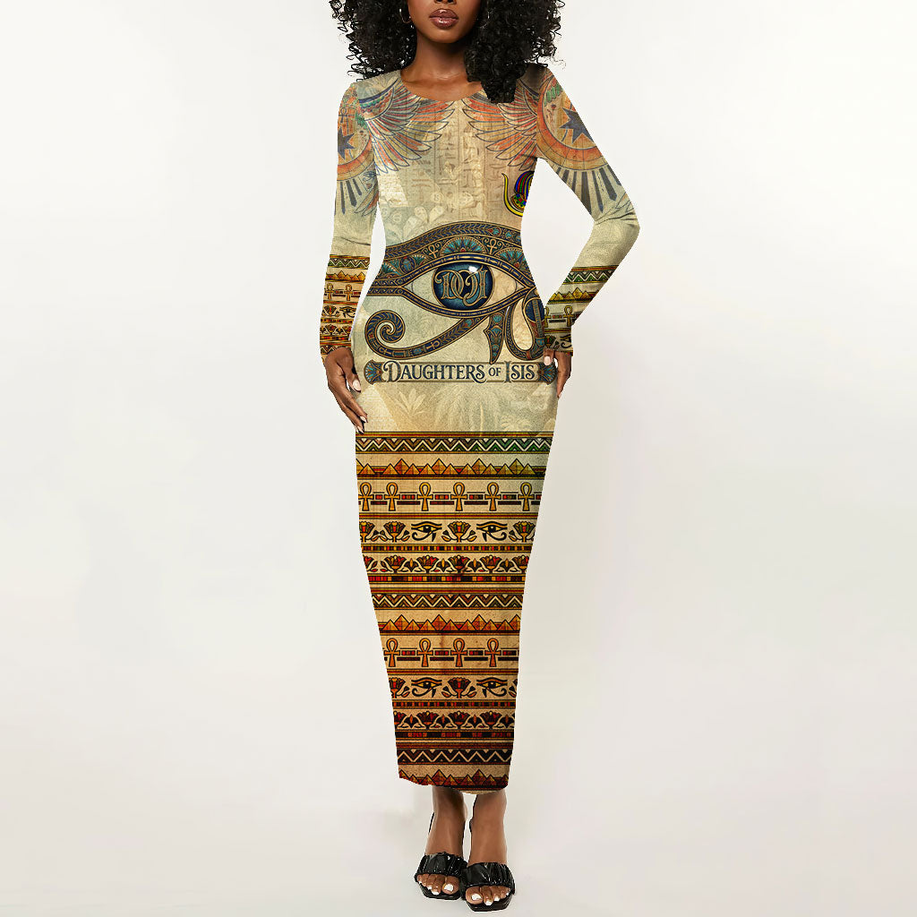 Daughters Of Isis Long Sleeve Bodycon Dress Eye Of Horus Ancient Egyptian Goddess - Vintage Parchment Art