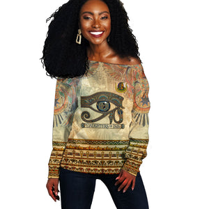 Daughters Of Isis Off Shoulder Sweater Eye Of Horus Ancient Egyptian Goddess - Vintage Parchment Art