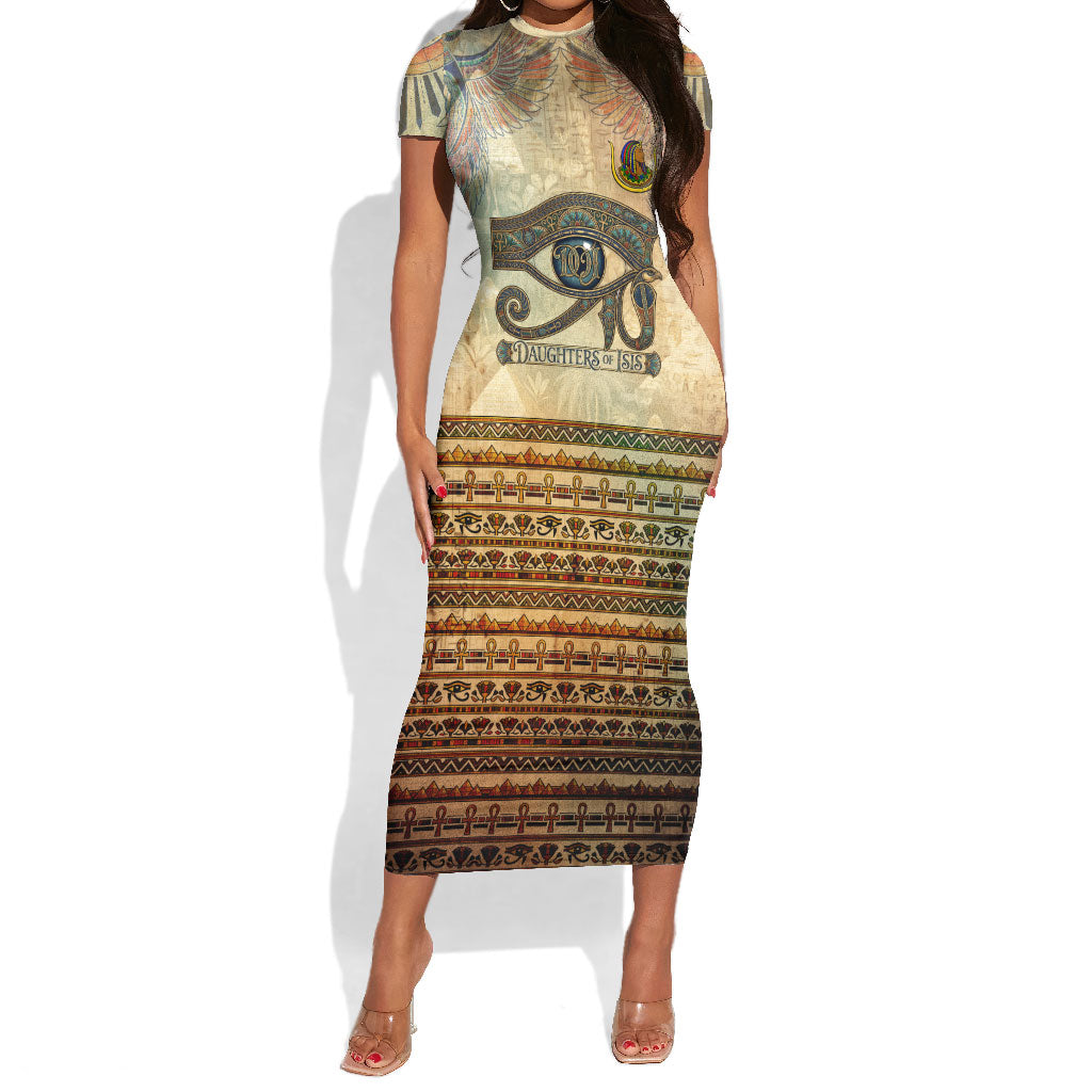 Daughters Of Isis Short Sleeve Bodycon Dress Eye Of Horus Ancient Egyptian Goddess - Vintage Parchment Art