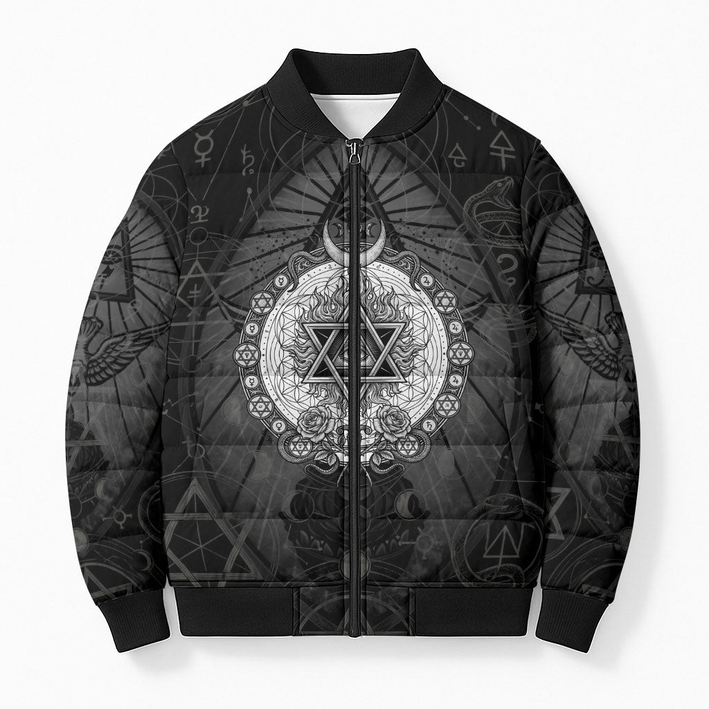 Ordo Templi Orientis Occult Symbolism Bomber Puffer Jacket Esoteric Alchemy Sacred Geometry Black