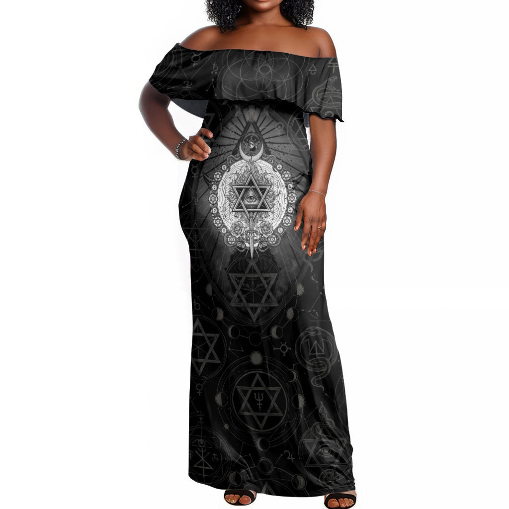 Ordo Templi Orientis Occult Symbolism Off Shoulder Maxi Dress Esoteric Alchemy Sacred Geometry Black