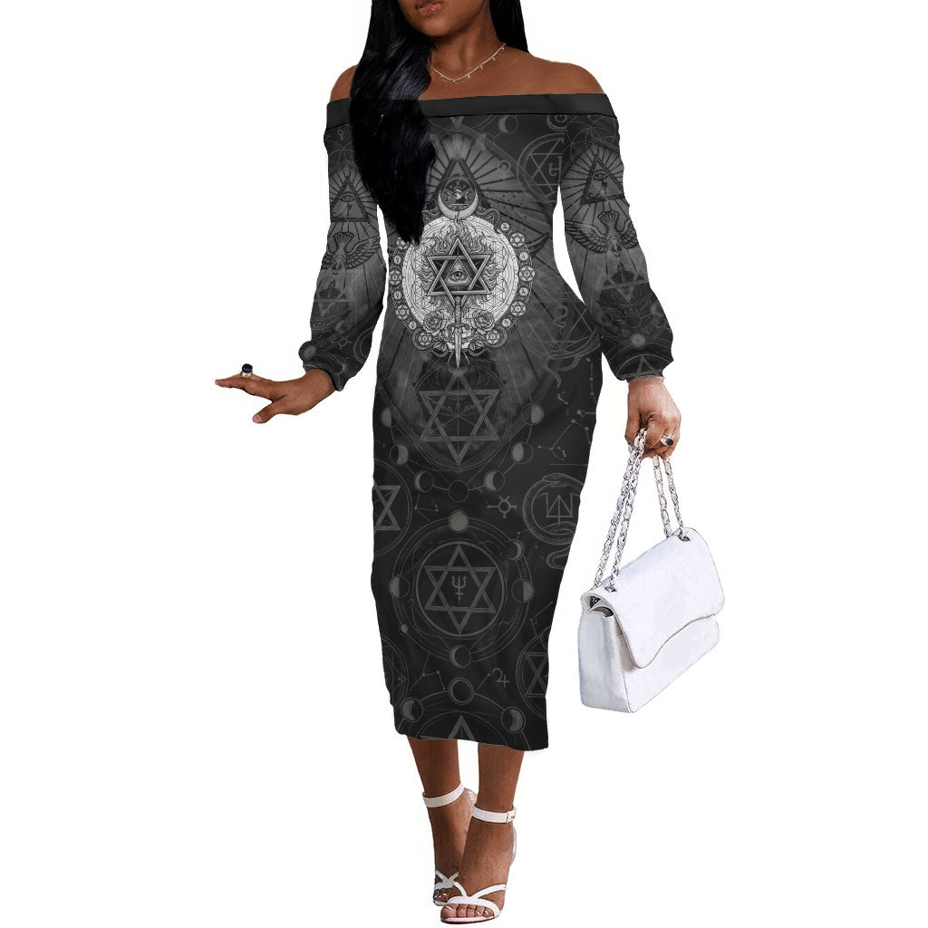 Ordo Templi Orientis Occult Symbolism Off The Shoulder Long Sleeve Dress Esoteric Alchemy Sacred Geometry Black